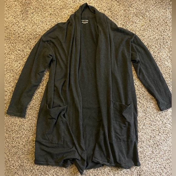 Eileen Fisher Dark grey 100% Tencel Lyocell Open Weave Open Front Sweater Sz XXS - Picture 1 of 5